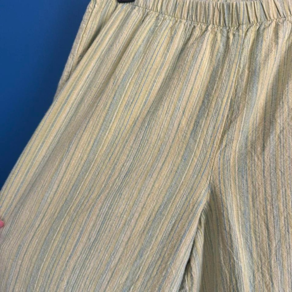 Y2K Linen Blend Pants Women's Size Small Hot Cotton Striped Green Yellow Cropped - Picture 2 of 8